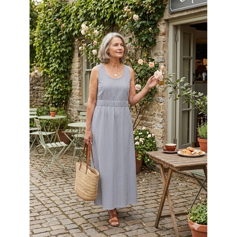 Gilli Navy White Striped Cutout‎ Back Midi Dress Sleeveless AD4051 Medium